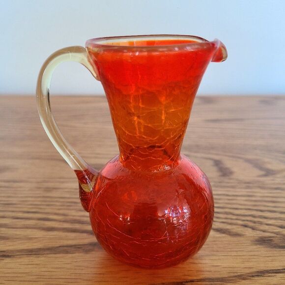 Mini Crackle Glass Pitcher Boho Shabby Chic Window Tabletop Dresser Mini Vase - Picture 2 of 11